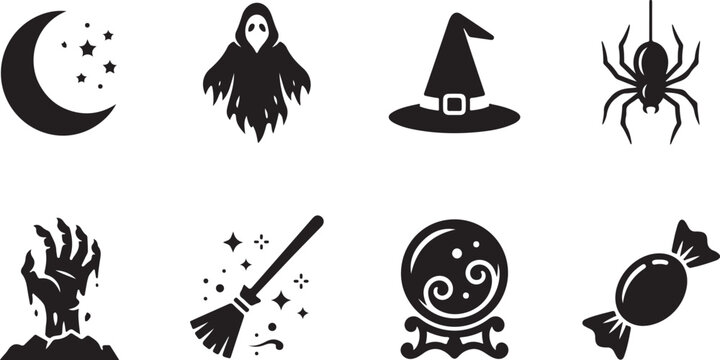 Set of eight black halloween icons featuring a crescent moon, ghost, witch hat, spider, zombie hand, magic broomstick, crystal ball, and wrapped candy