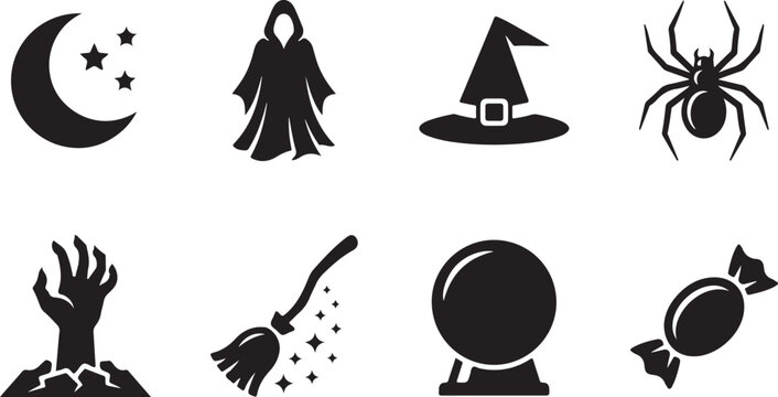 Set of eight black halloween icons featuring a crescent moon, ghostly cloak, witch hat, spider, zombie hand, flying broomstick, crystal ball, and candy