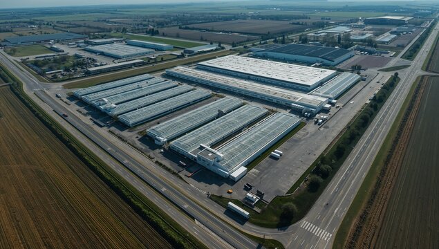 Aerial view of glasshouse bays and a packing shed along a highway