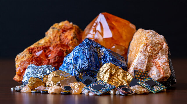 Premium still life of rare earth minerals and advanced electronic components isolated against a black background, colorful mineral crystals, metallic rare earth elements, microchips, sensors and cir