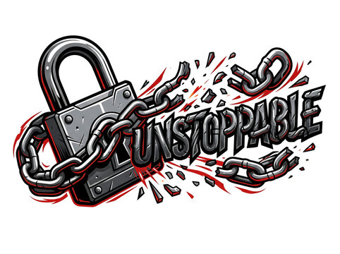 Unstoppable typography design with breaking metal chains and padlock for motivation and freedom concept sticker design.