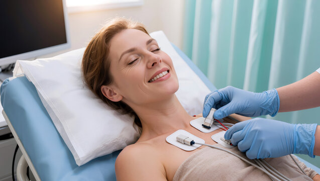 A nurse places ECG electrodes and cable clips on a smiling adult patient's chest during a close medical examination in a bright clinic, with the patient reclining on an examination bed