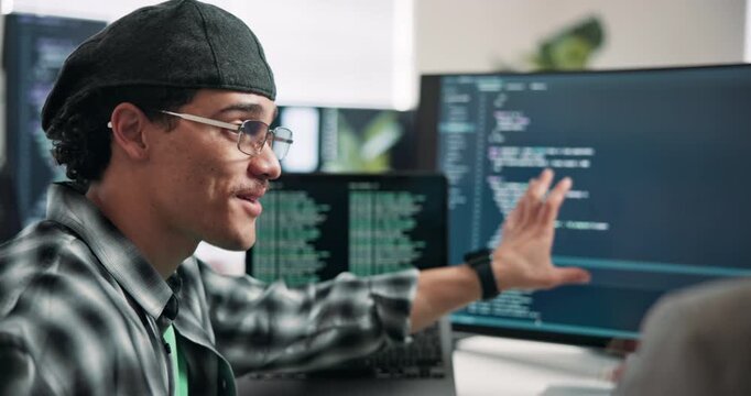 Code, man or computer screen in office for advice, technical guidance or system knowledge for ui. Dashboard, happy mentor or tech at desk for app interface, frontend development or developer teamwork