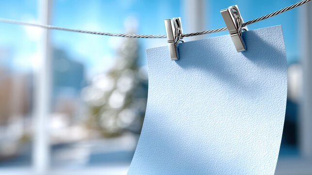 Single paper sheet clipped to a metal wire with metal clips against a blurred window interior for stationery mockup and minimal display design