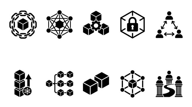 Black blockchain and cryptocurrency technology icons set on