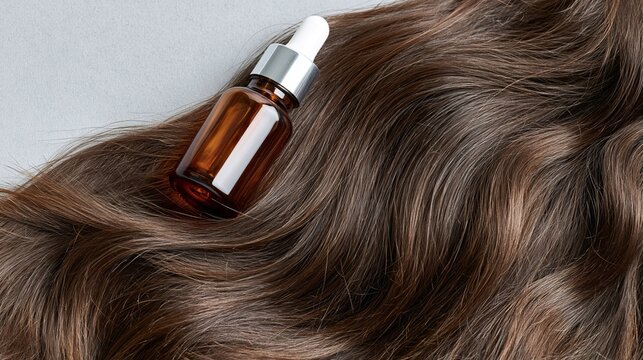 Amber dropper bottle resting on a cascade of brown hair