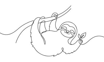 Obraz premium Continuous single line of a cute sloth hanging from a tree branch, minimalist jungle animal with a simple black outline on a white background, tropical mammal