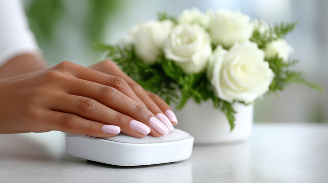 Woman manicured hands using buffing block near white roses in soft spa setting for beauty background and banner design