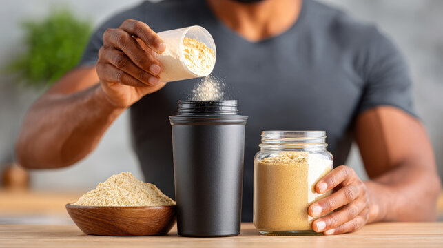 Closeup of hands pouring protein powder into black shaker cup with glass jar and wooden bowl for fitness supplement mixing and pre workout drink preparation on kitchen counter