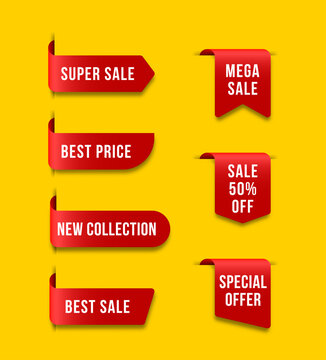 Sale tags with promotional prices and advertising labels.