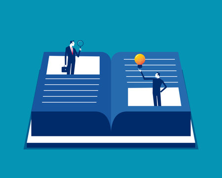 Business people are exploring with large books open. Business flat design style vector illustration.