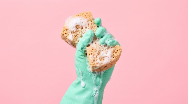 Hand in a green protective rubber glove squeezing a wet porous sponge filled with white cleaning foam against a solid pastel pink background