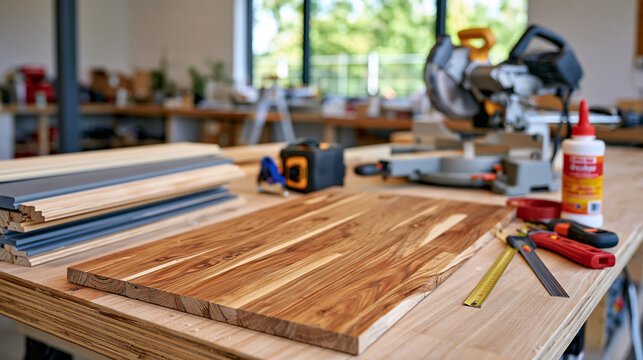 Woodworking interior finishing scene with trim boards, molding samples, miter saw accessories, wood glue and measuring tools arranged neatly on a workshop table, objects grouped on one side, large u