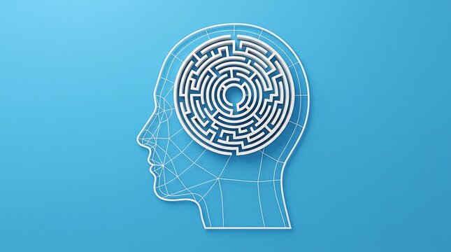 Maze inside a human head silhouette representing mental complexity with labyrinth psychology complexity intelligence abstract