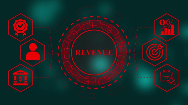 Revenue neon Concept Animation with Business Finance Icons, Red HUD Style on Dark Background.Revenue concept attach with dollar,customer icons,target.