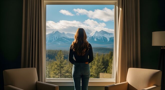 Serene Mountain View woman standing by a large window overlooking snow-capped peaks and pine forest ideal for travel blogs, wellness content, and luxury real estate marketing.