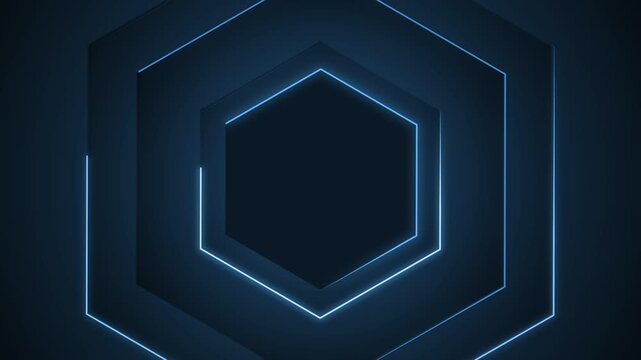 Dark hexagon tunnel with layered neon outlines futuristic minimalist abstract animation
