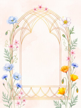 Watercolor wildflower frame with golden gothic arch, blue poppies, cornflowers and copy space