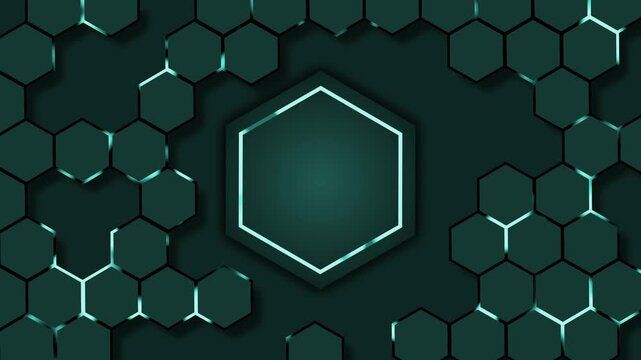 Dark hexagon honeycomb background with glowing frame abstract animation