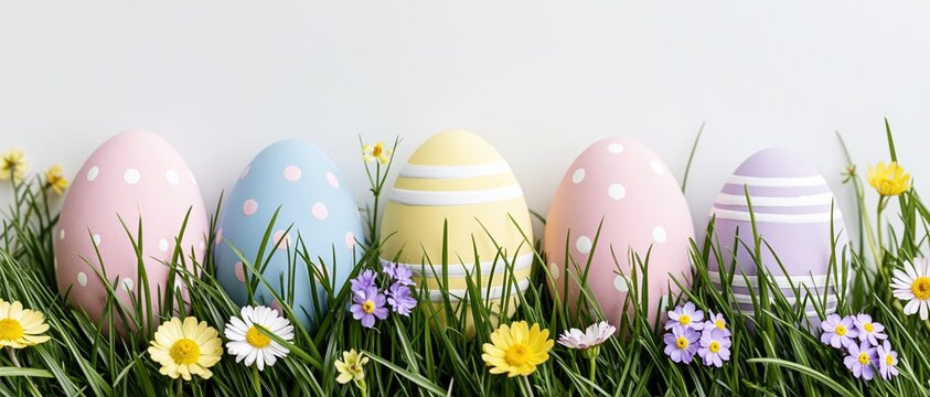 Decorated easter eggs in pastel colors nestled in green grass with small flowers