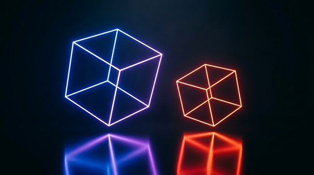 Cube neon light frames glowing in dark space with geometry abstract perspective reflection futuristic structure dimension