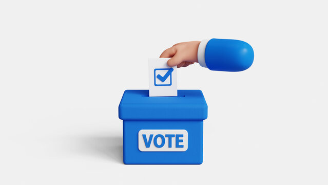 Ballot voting, vote box, polling station concept. 3d hand voting paper putting into ballot box. Fair voting and opinion, democracy, vote participation, midterm elections. 3d render