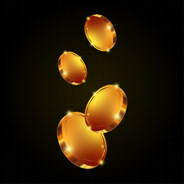 Four Floating Golden Coins on Dark Background