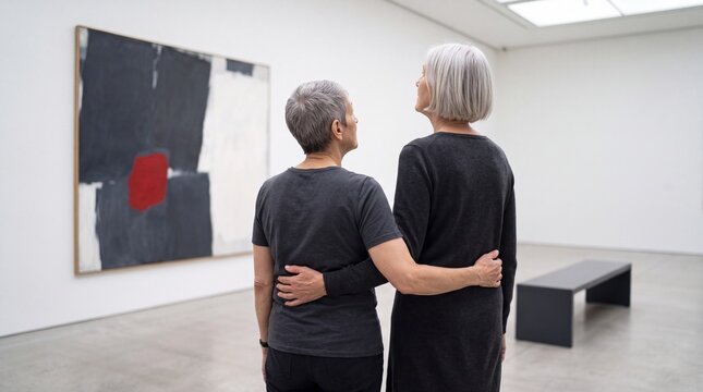 Senior lesbian couple admiring an abstract painting in an art gallery