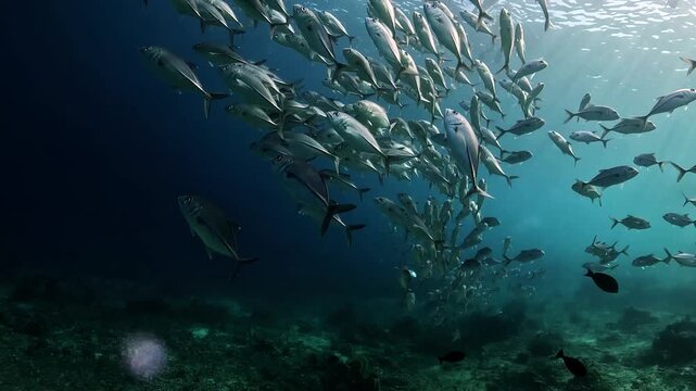 School of bigeye trevally fish swimming in clear blue ocean water at Komodo National Park, Indonesia