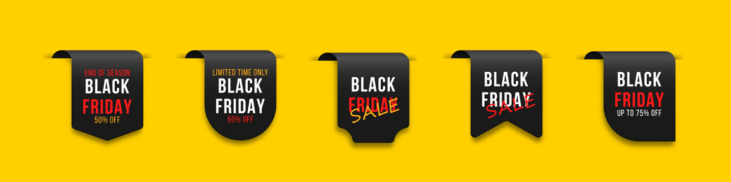 Black Friday promotional ribbons with special deals and retail discounts.