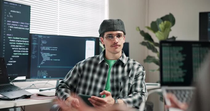 Programming, man or tablet in office for advice, coding solution or share knowledge in debugging. Coworking team, software developer or tech screen for pull request, listen or automated test feedback