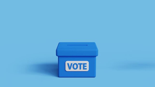 Ballot voting, vote box, polling station concept. 3d hand voting paper putting into ballot box on blue background. Fair voting and opinion, democracy, vote participation, midterm elections. 3d video