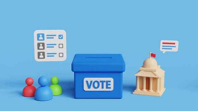 Casting a vote concept. 3D hand with ballot paper putting into ballot box on blue background. Voting, political election event, democracy, electoral process, voter participation, midterm elections. 3d