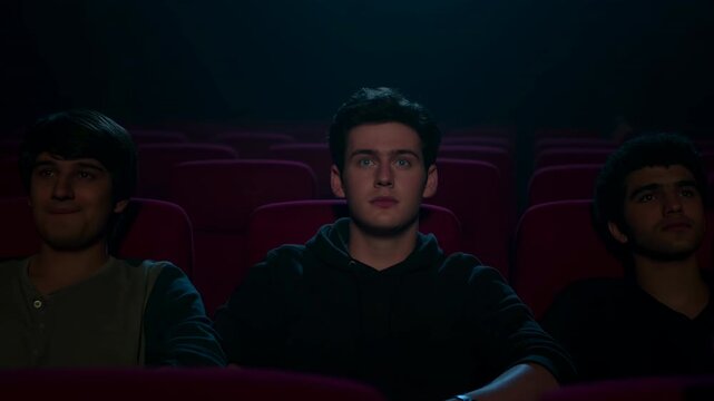 Young men sit in dim cinema seats watching an unseen screen, with central viewer holding a focused gaze as soft projected light falls across faces and rows of red chairs