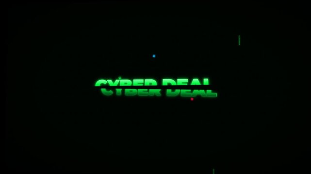 Bold CYBER DEAL text sliced by a glitch laser beam with green digital code rain, horizontal glitch bars, RGB channel split and CRT scanlines, cyber sale kinetic typography, seamless loop, promo video