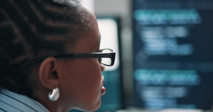 Woman, glasses and screen of computer for programming, script and update firewall for cybersecurity. African person, eyewear or 404 in office with pc, debugging system and testing for data protection