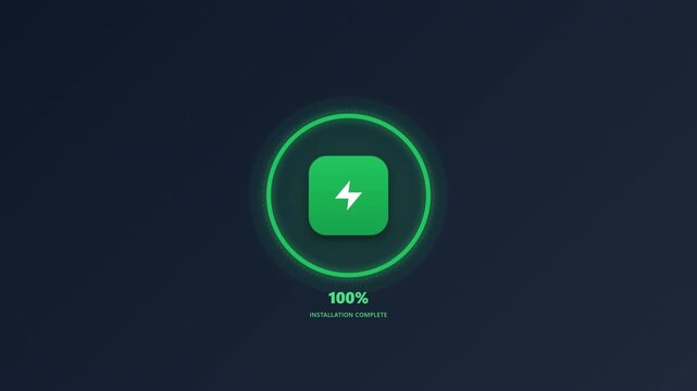 Clean 2D UI motion graphics featuring a dynamic HUD speedometer circular progress ring, dynamic app icon color fill, and a vivid green success pulse state.