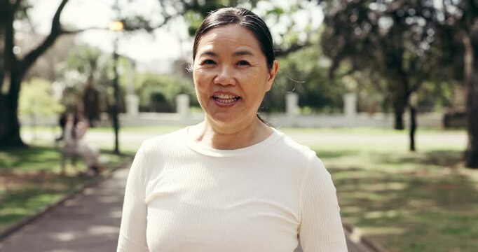 Fitness, face and mature woman at park with smile for active wellness, health benefits or self care. Ready runner, happy Asian person and outdoor for exercise lifestyle, laughing and longevity