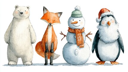 Fototapeta premium Cute watercolor illustrations featuring friendly polar bear fox snowman and penguin standing together in winter season
