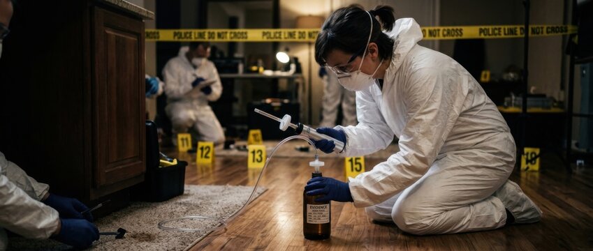 Forensic investigators in protective suits collecting evidence at a crime scene with yellow police tape and numbered markers
