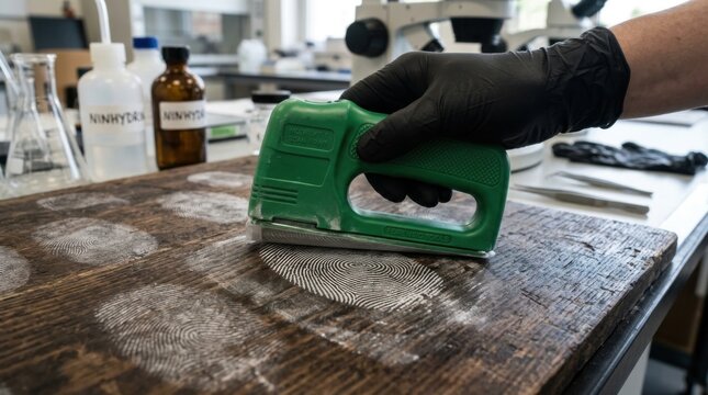 Forensic Scientist Dusting for Fingerprints on Wooden Surface in Laboratory