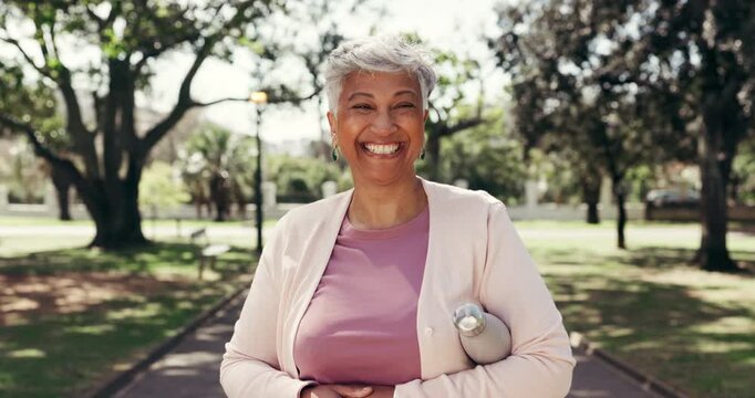 Face, fitness and happy woman at park for health, active lifestyle and wellness break with water. Smile, mature person and runner outdoor with bottle, self care and hydration benefits for wellbeing