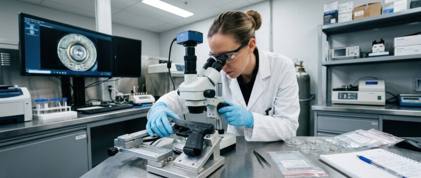 Forensic Scientist Examines Firearm Under Microscope in Laboratory Ballistics Analysis