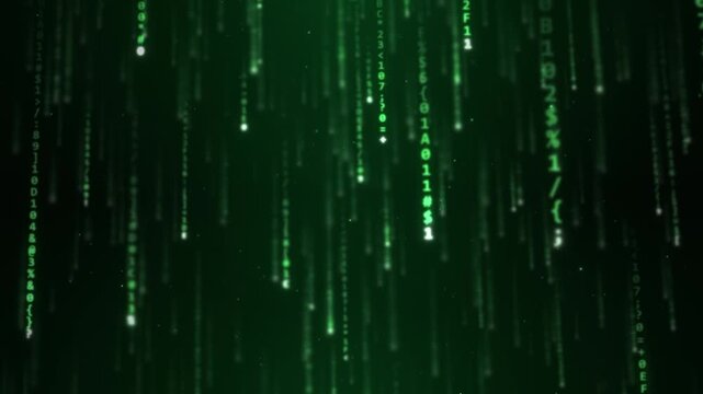 Green Digital Code Rain Falling in 3D Space, Hacker Background