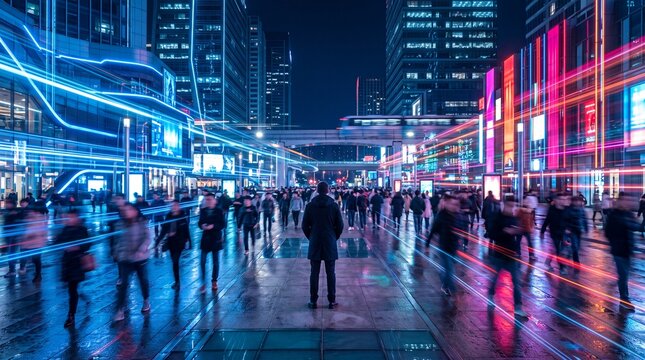 Futuristic city street illuminated by vibrant neon lights, with pedestrians walking through reflections on wet pavement.