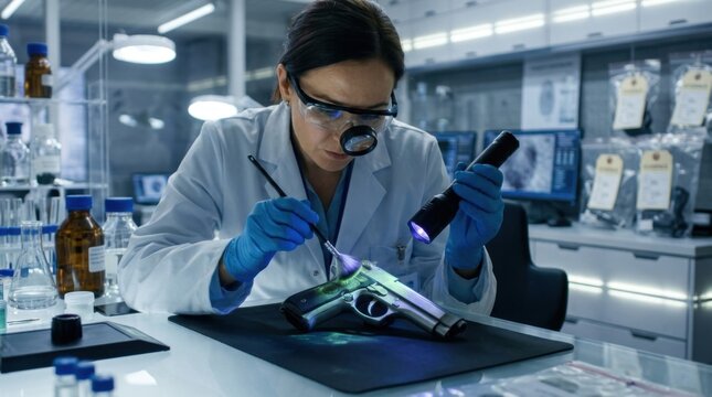 Forensic Scientist Examining Gun with UV Light in Crime Lab Evidence Collection