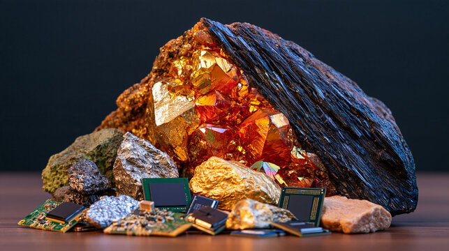 Premium still life of rare earth minerals and advanced electronic components isolated against a black background, colorful mineral crystals, metallic rare earth elements, microchips, sensors and cir