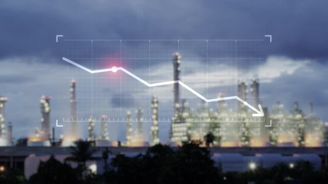 Industrial refinery, gas fired power station at Map Ta Phut, Rayong, Thailand, with cooling system, process towers and illuminated plant overlaid by downward trend graph, energy market decline.