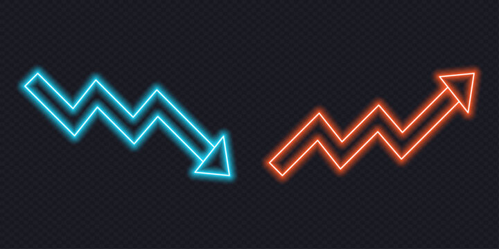 Neon arrows representing market decrease and growth upward arrow icons illustrating fluctuating market trends over a dark transparent background.