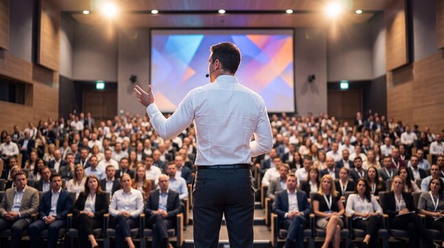 Speaker presenting to a large audience in a modern auditorium during a professional conference or business event.